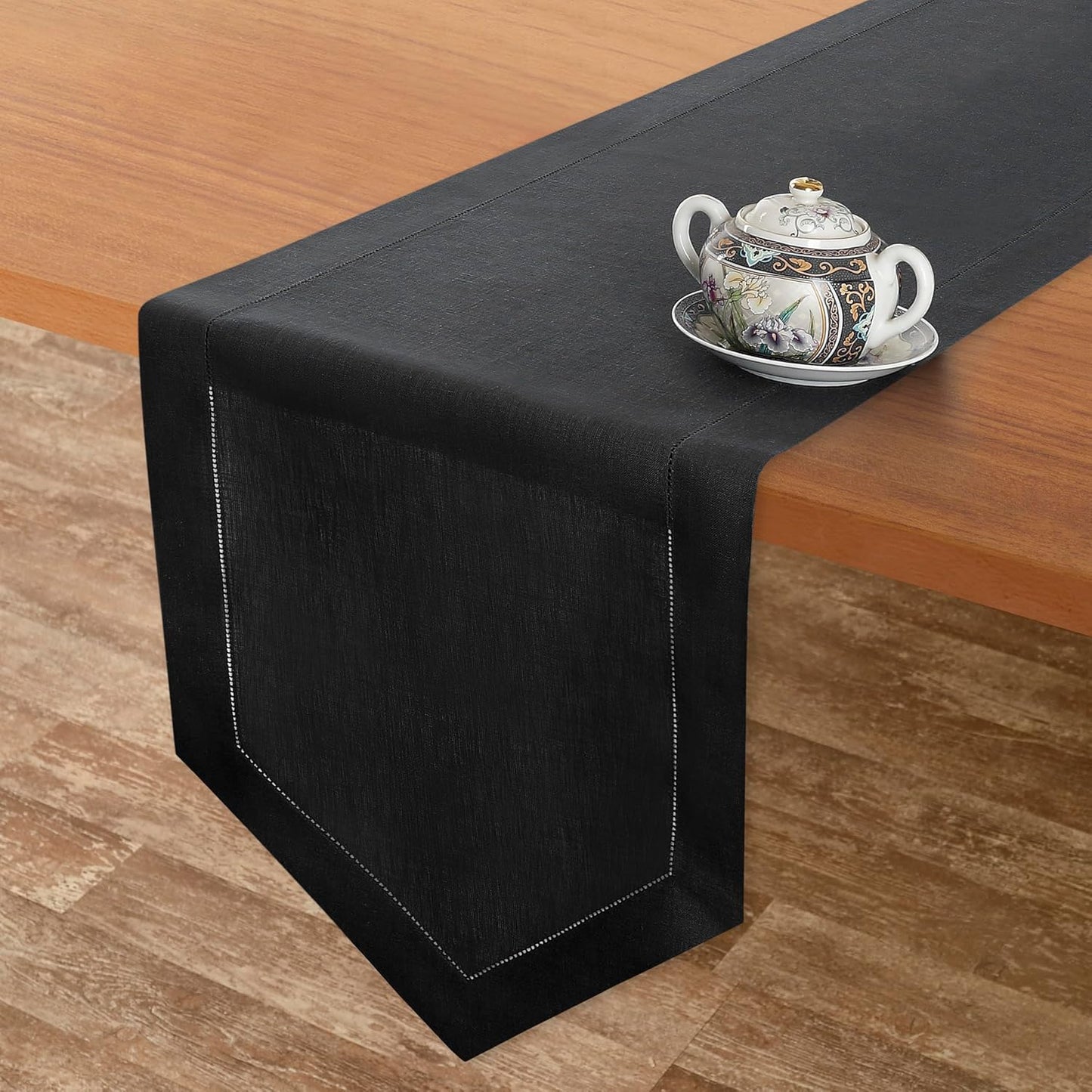 D'Moksha Homes Black Linen Table Runner 120 Inches Long - 100% Pure Linen Diamond Table Runner 14 x 120 Inch for Dining, Fall and Halloween - Machine Washable