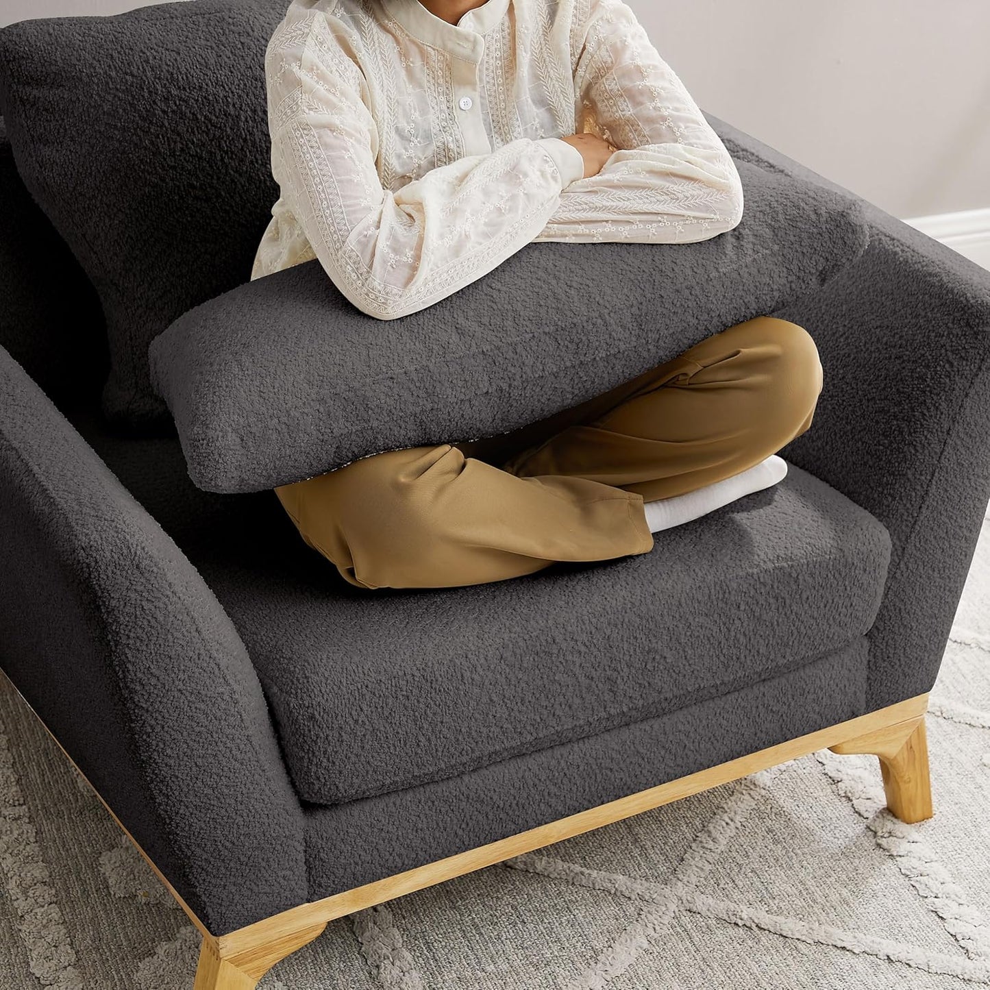 Large-Sized Accent Chair, Thick Cushion Bedroom Reading Chair, Comfortable Living Room Single Sofa， Boucle Dark Gray
