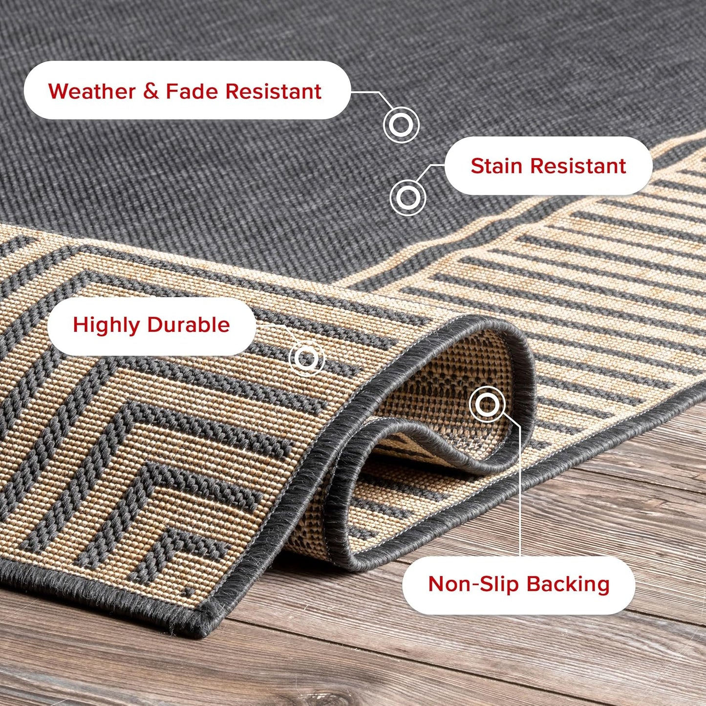 nuLOOM 6'7" Round Outdoor Area Rug, Casual Design With Striped Border, Stain Resistant, Highly Durable, For Patio, Balcony, Bedroom, Living Room, Dining Room, Bathroom, Dark Grey