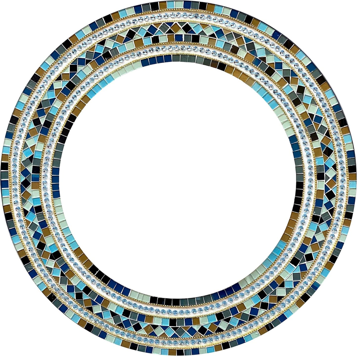Mosaic Mirror, Wall Art Décor – Handcrafted Decorative Wall Mirror, Light and Navy Blue, Brown, Gray, and Black Round Mosaic