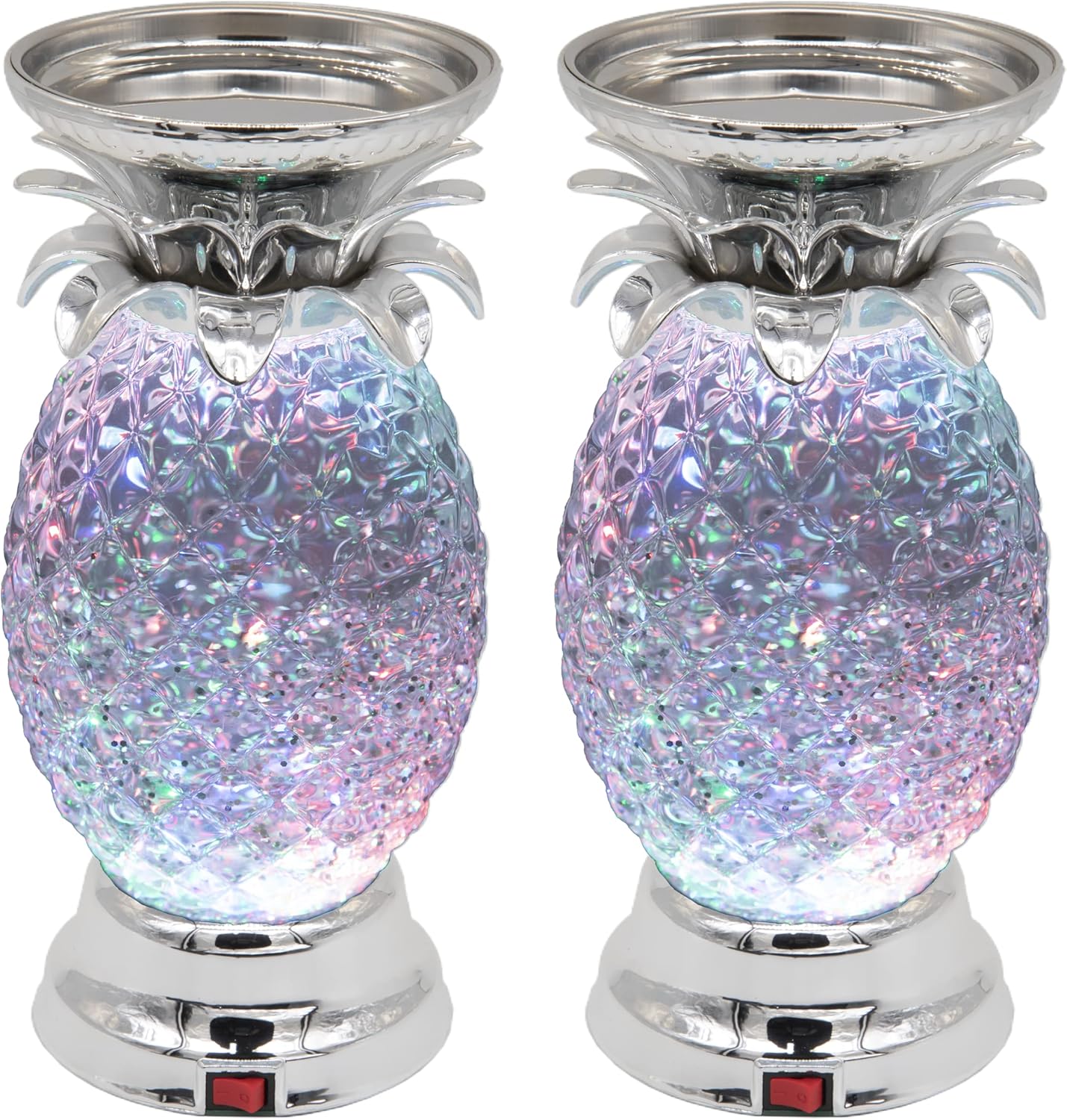 YAKii 9.5" Pineapple LED Color Changing Shine Lamp,Swirling Water Waves Lamp Kid Safe Battery/USB Cable Operated,Table Lamp Candle Holder Table Decoration Silver(Pack of 2)