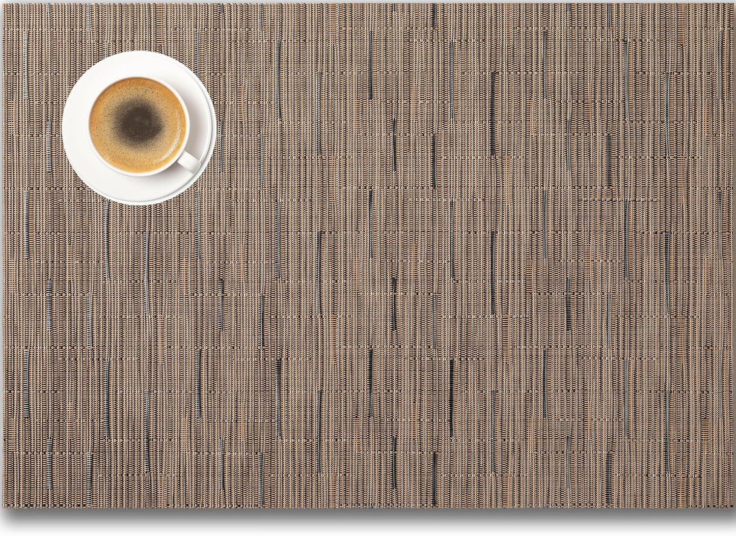 Placemats Set of 6 - Easy Clean Woven Vinyl Placemats for Dining Table, Indoor/Outdoor Place Mats, Washable PVC Table Mats （Light Brown）