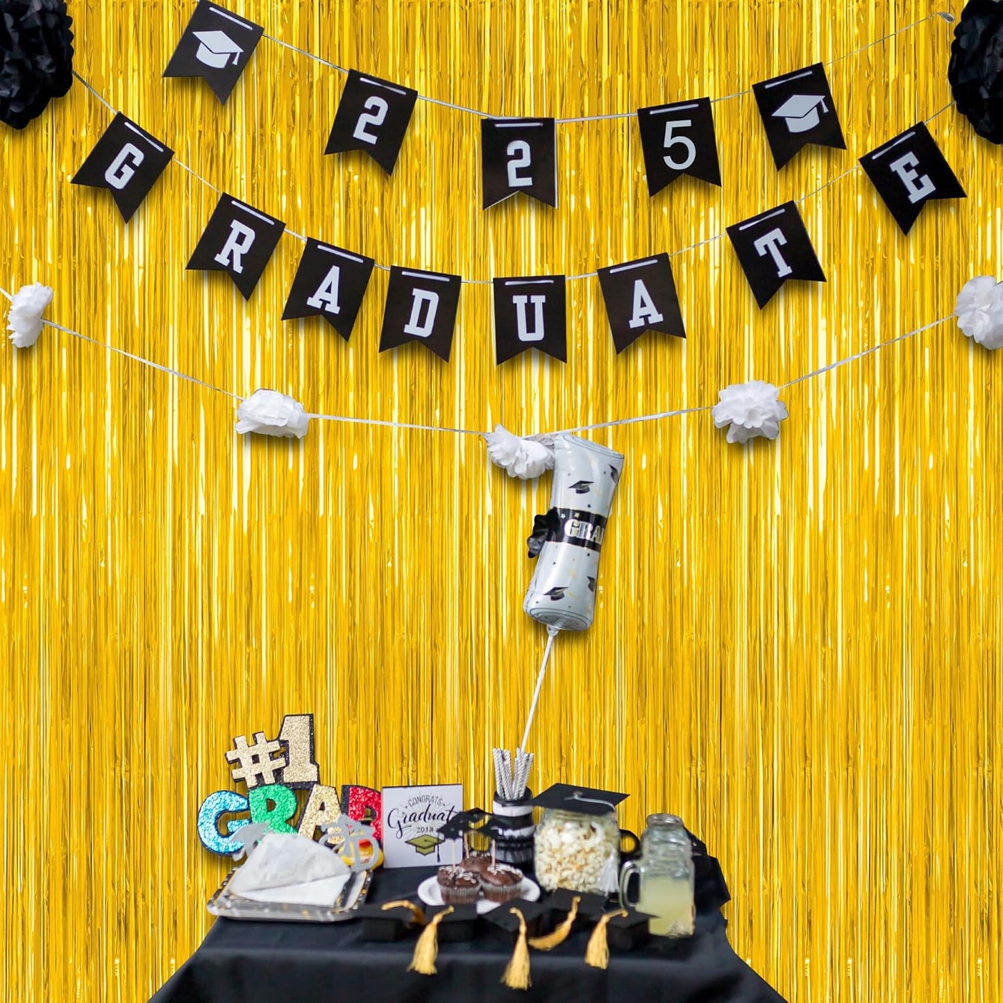 8 Pack 2025 Graduation Party Decorations, 3.28 FT x 7.05 FT Gold Backdrop, Metallic Graduation Photo Backdrop Grad Foil Curtains Party Streamer, Class of 2025 Decorations Grad Decor