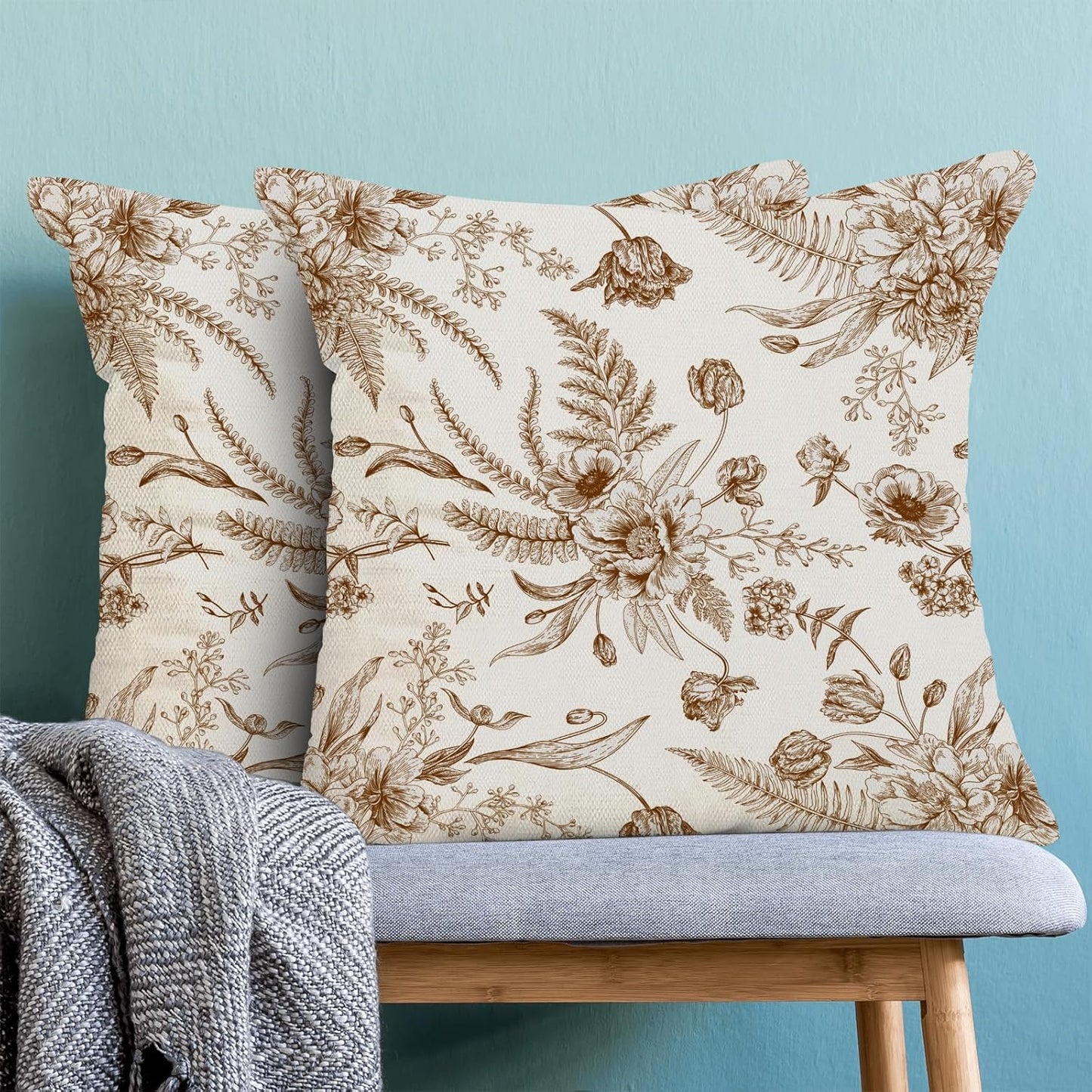 CXMEIFLY Spring Floral Leaves Pillow Covers 18 x 18 Inch Set of 2 for Chinoiserie Flowers Decor Throw Pillows Brown and White Seasonal Plant Outdoor Decorative Cushion Cases for Couch Bed Decorations