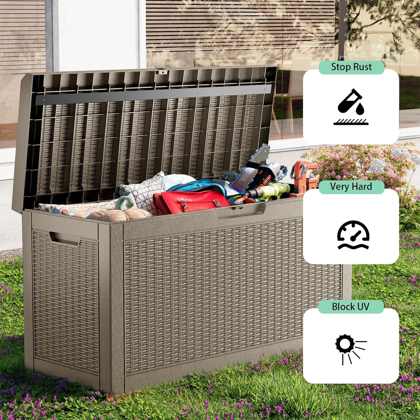 DRATO 60 Gallon Deck Box, Waterproof Resin Large Outdoor Storgae Box for Patio Furniture, Patio Cushions, Gardening Tools, Pool and Sports Supplies, Lockable