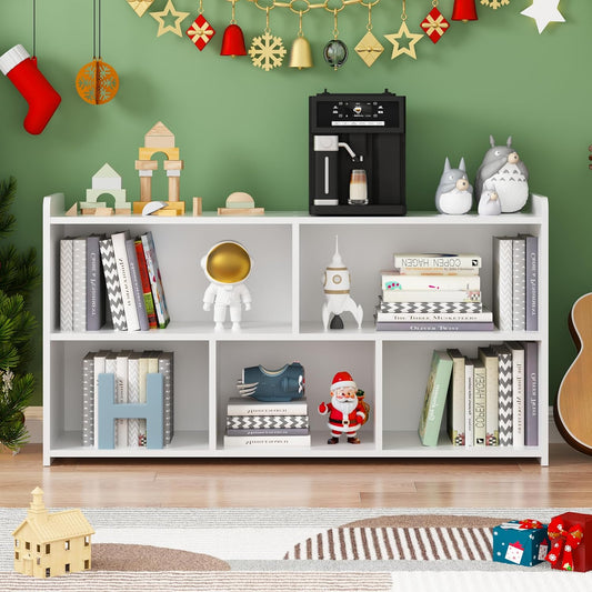 Book Shelf, 5 Cubes Storage Organizer, Open Shelf Wooden Bookcase, Freestanding White Bookshelf Cube Shelf for Bedroom, Living Room, Home Office