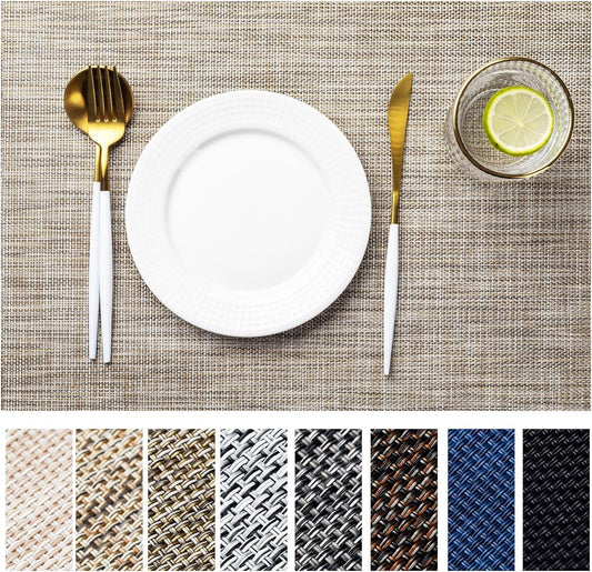 LEXMORE Placemats Set of 12 Vinyl/Plastic Woven Place Mats for Kitchen Table Indoor/Outdoor Washable Placemat Wipeable Dining Table Mats(A-Caramel)