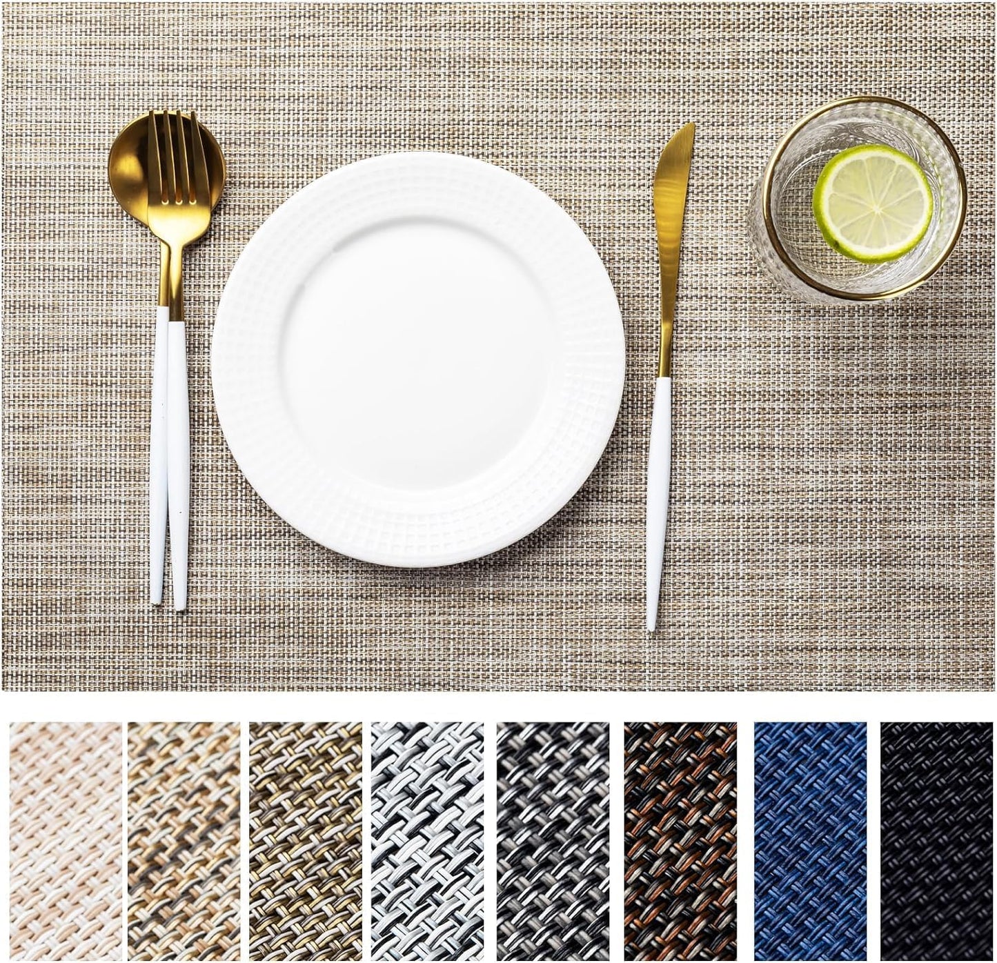 LEXMORE Placemats Set of 4 Vinyl/Plastic Woven Place Mats for Kitchen Table Indoor/Outdoor Washable Placemat Wipeable Dining Table Mats(A-Caramel)