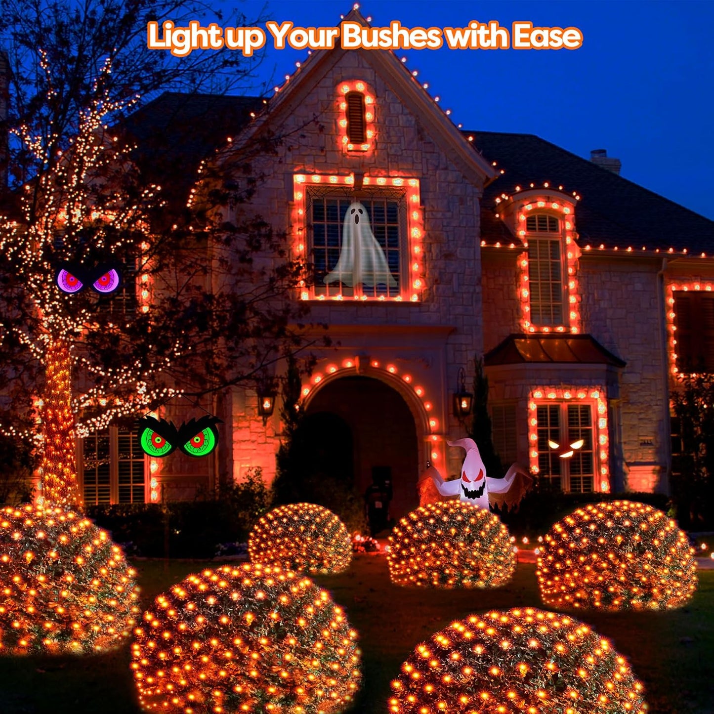 WBao Halloween Lights Outdoor 360LED 11.5ft x 6.9ft Halloween Net Lights with 8 Modes, Timer, Connectable, Waterproof & Dark Green Wire for Lawn, Bushes, Shrubs Outdoor Holiday Decorations, Orange
