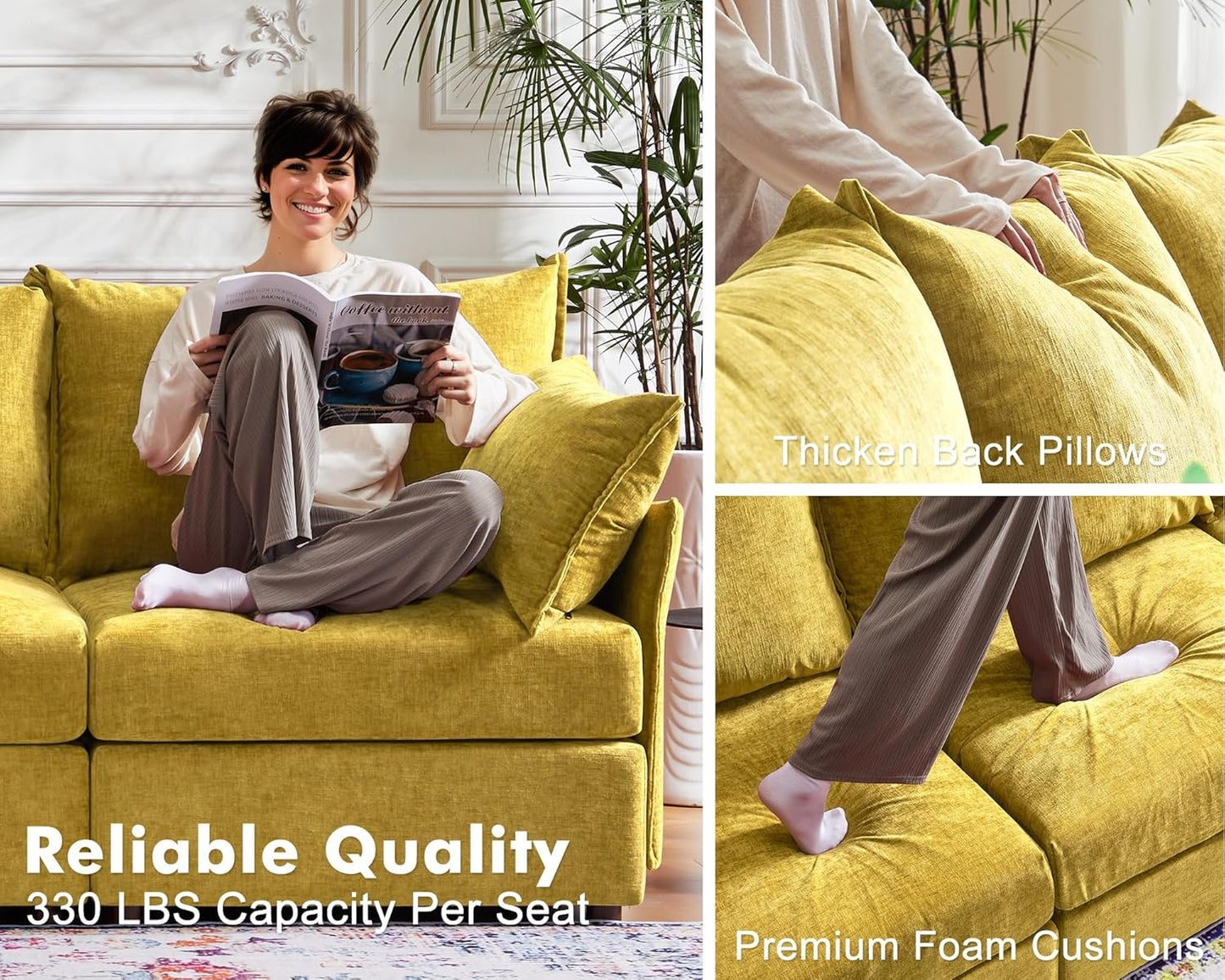 Oversized Accent Chair, Upholstered Modern Sofa Chair with Removable Backrest & Detachable Cover, 24.5" Deep Seat Large Reading Armchair for Living Room Bedroom Office-Chenille Yellow Set of 2
