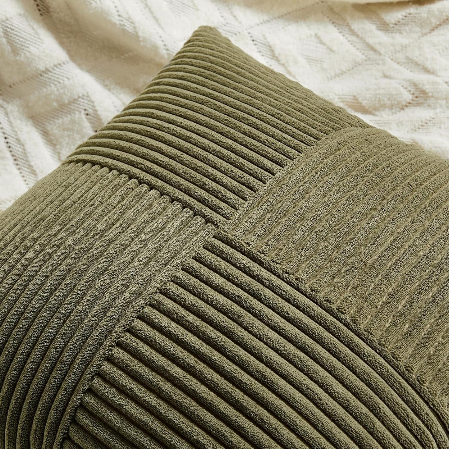 Fancy Homi 2 Packs Olive Green Euro Decorative Throw Pillow Covers 28x28 Inch Room Couch Bed, Rustic Farmhouse Boho Home Decor, Soft Corss Corduroy Patchwork Textured Cushion Case 71x71 cm