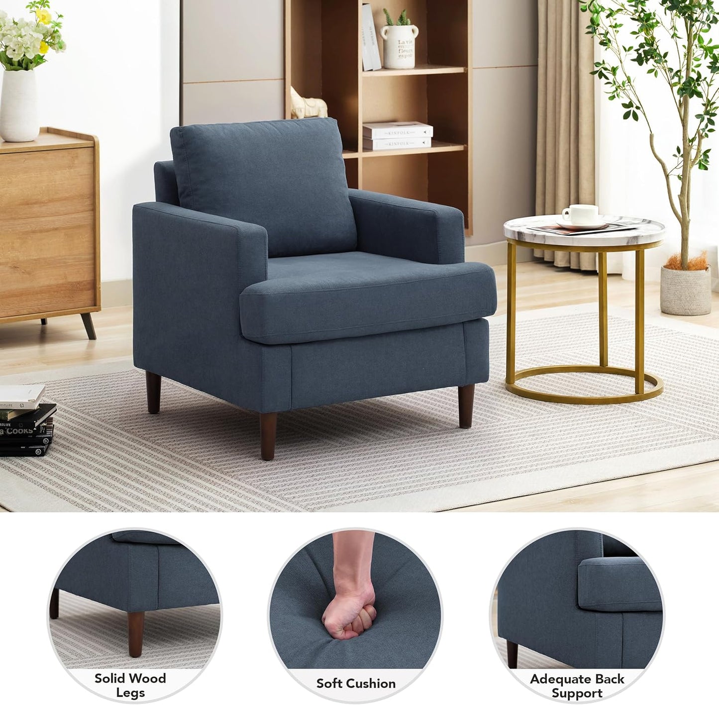 Mid-Century Accent Chair,Modern Linen Fabric Armchair for Living Room,Comfy Upholstered Reading Accent Chairs for Bedroom,Single Sofa Chair with Wood Legs (Blue Grey, 1 Pack)