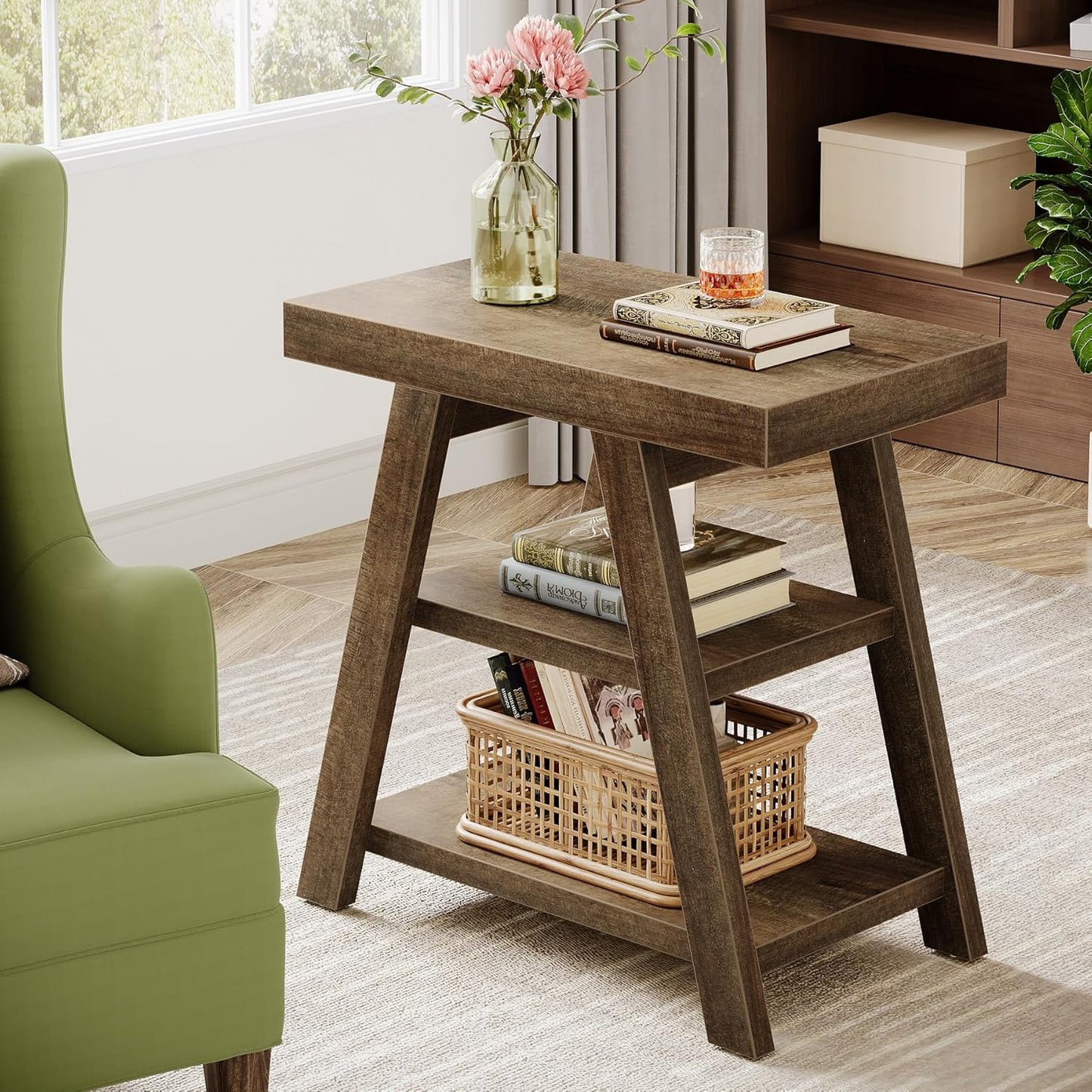 Tribesigns Set of 2 Small Wood Side Table, Farmhouse 3-Tier Narrow Sofa End Table with Storage, Vintage Couch Side Table for Living Room, Wooden Bedside Table for Bedroom, Small Spaces, Rustic Brown