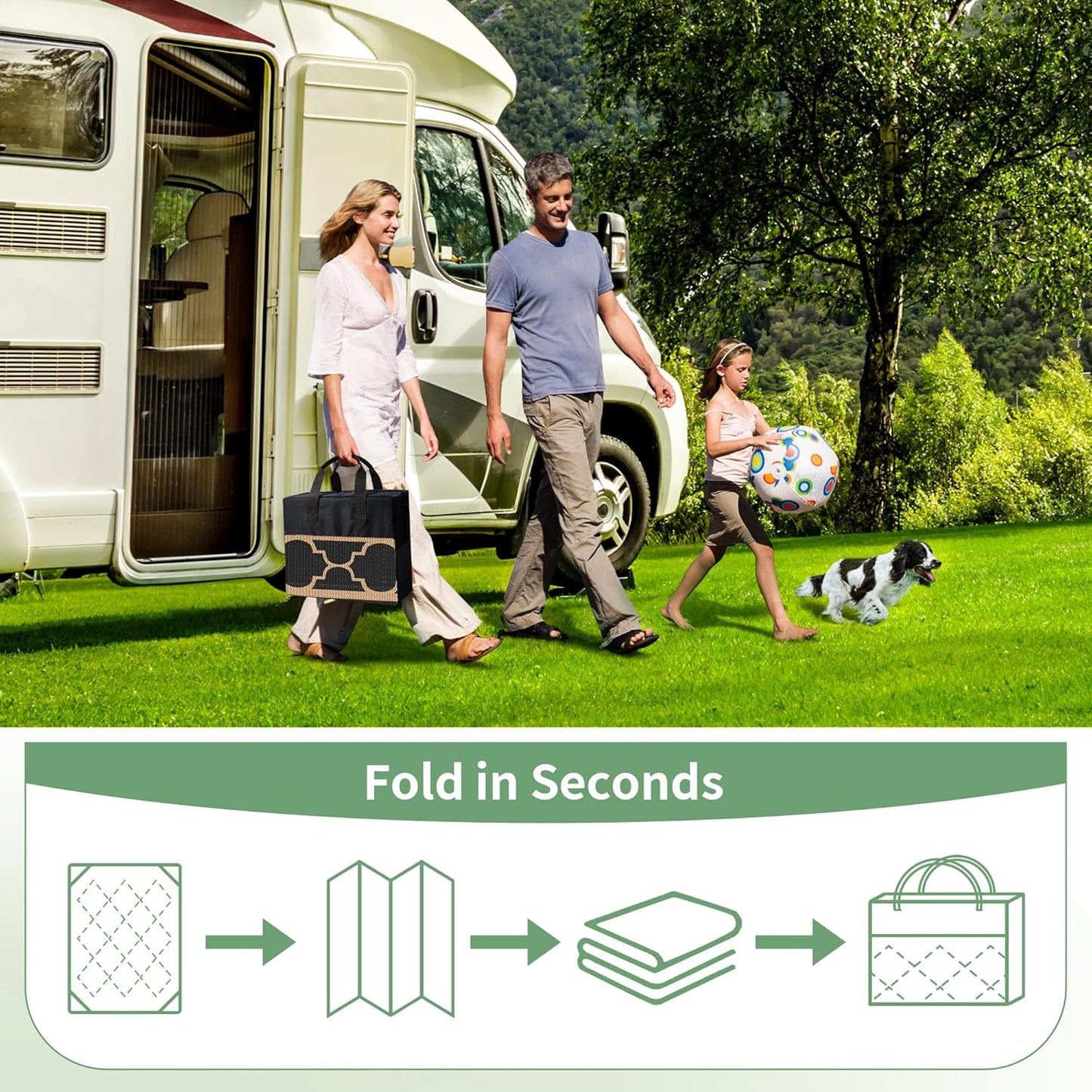 GENIMO Outdoor Rug 8' x 10' Patio Waterproof, Foldable Reversible Plastic Straw Area Rugs Mat for Camper Decor, Outside Carpet for Rv, Deck, Porch, Picnic, Beach, Balcony, Black & Brown