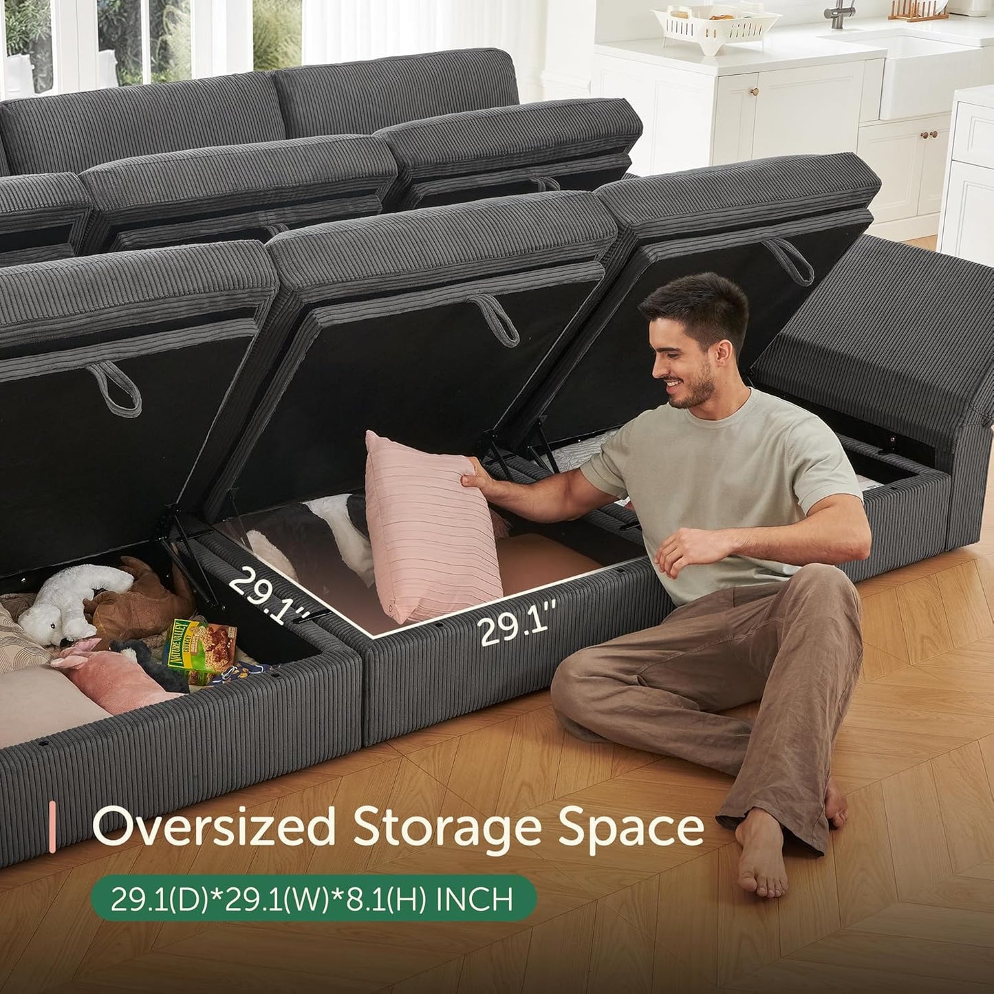 HONBAY Modular Sectional Sofa with Storage Corduroy Sleeper Sofa Modular Sectional Couches for Living Room,Dark Grey