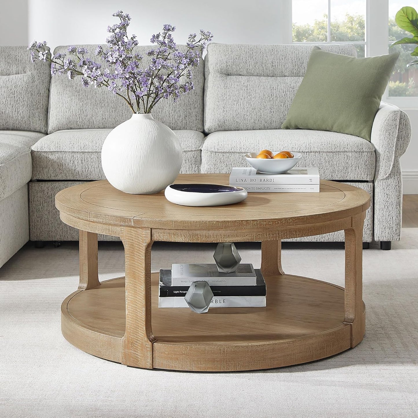 WILLIAMSPACE 40" Round Coffee Table with Wheels, Circle 2 Tier Solid Wood Center Coffee Table, Mid Century Retro Farmhouse Rounded End Table for Living Room Apartment, ø40 x 17.52" H (Light Brown)
