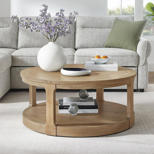WILLIAMSPACE 40" Round Coffee Table with Wheels, Circle 2 Tier Solid Wood Center Coffee Table, Mid Century Retro Farmhouse Rounded End Table for Living Room Apartment, ø40 x 17.52" H (Light Brown)