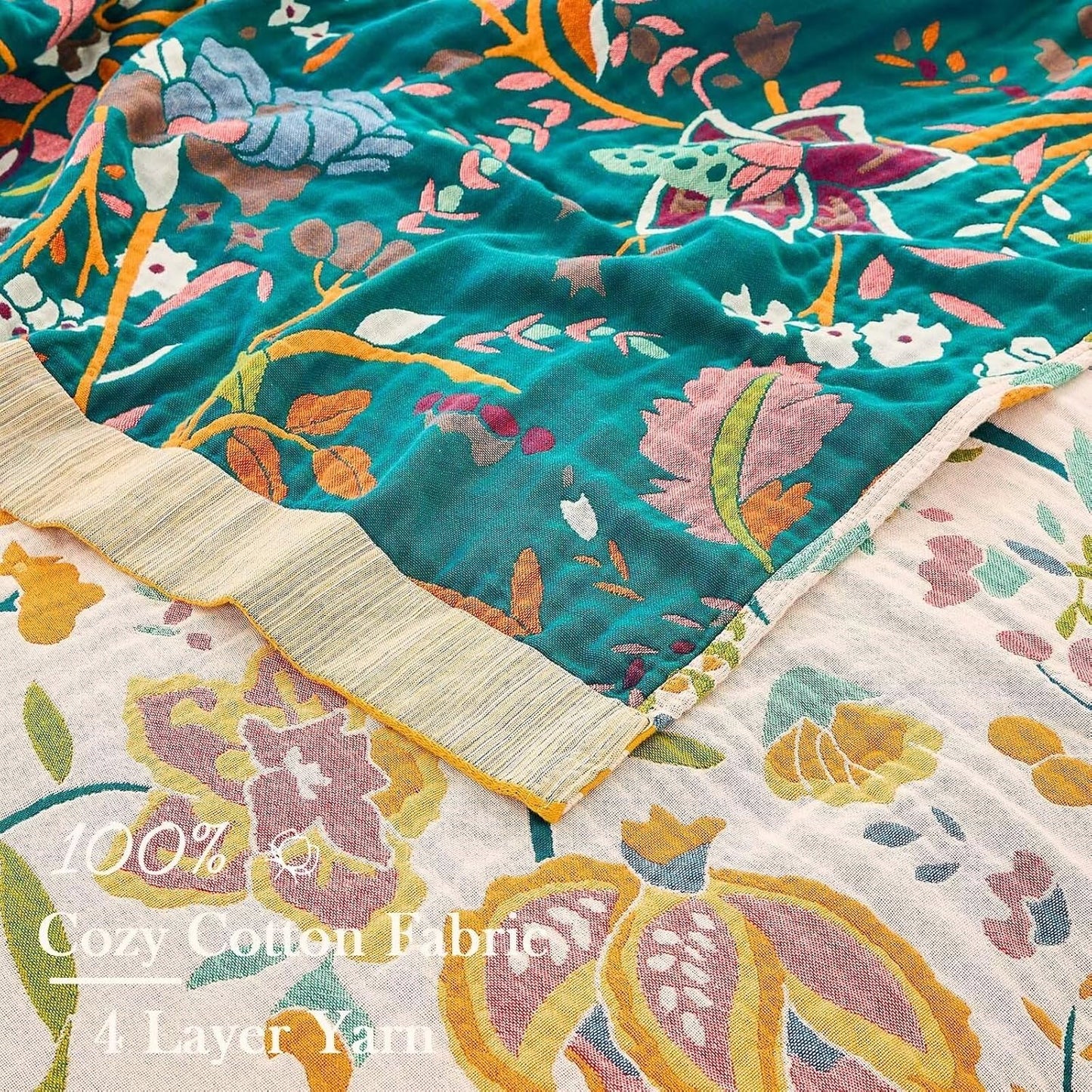 Boho Throw Blanket for Bed, 100% Cotton Soft Rustic Quilt Fall Blanket, 60"x80" Floral Printed Farmhouse Decor Bed Blankets, All Season Rustic Reversible Bohemian Throw Quilt