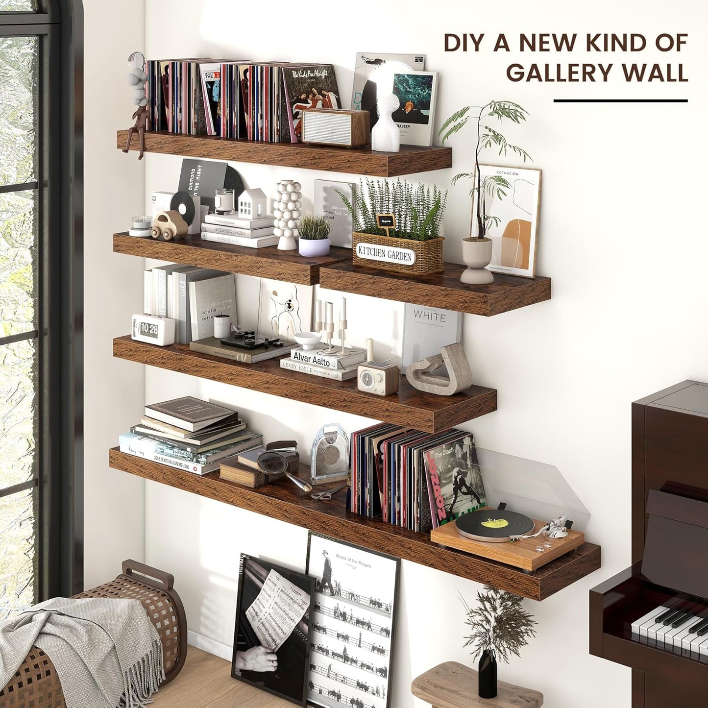 Floating Shelves for Wall, Large Wall Mounted Shelves with Invisible Brackets, Long Wood Floating Shelf for Living Room, Bedroom, Kitchen, (Brown, 55" W x 9" D x 1.5" H)
