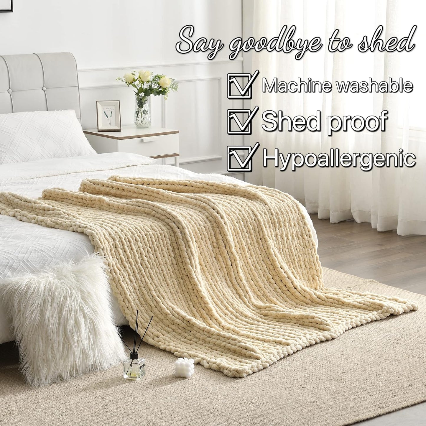 Maetoow Tighter Version Chenille Chunky Knit Blanket Throw （40×50 Inch）, Handmade Warm & Cozy Blanket Couch, Bed, Home Decor, Soft Fleece Banket, Boho Thick Blankets and Giant Yarn Throws，Brown