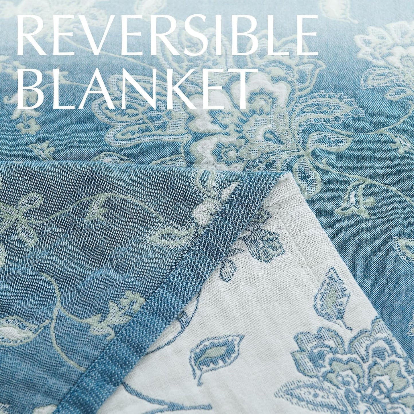 jinchan Boho 100% Cotton Muslin Queen Size 80x90 Inches Blanket Lightweight 4-Layer Quilted Soft Blue and White Floral Throw Blanket Green Accents Reversible Comfy Flower Rustic Summer Couch Bedroom