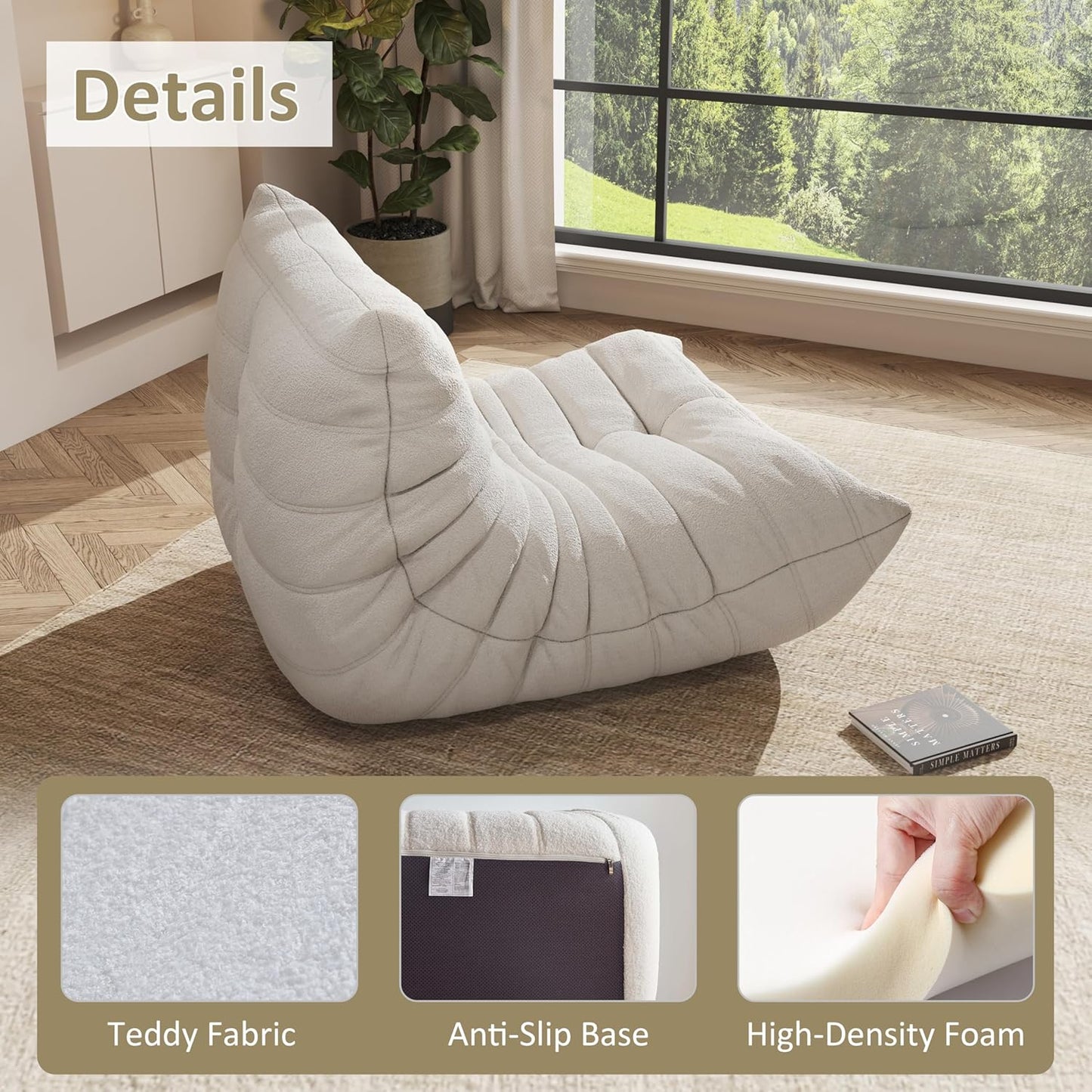 Bean Bag Chair, Oversized Bean Bag Chair for living Room, Fireside Chair for adults with Memory Foam Filled, Big Accent Sofa Lounge Floor Sofa for Gaming, Reading, Relax, No Assembly Required. (Beige)