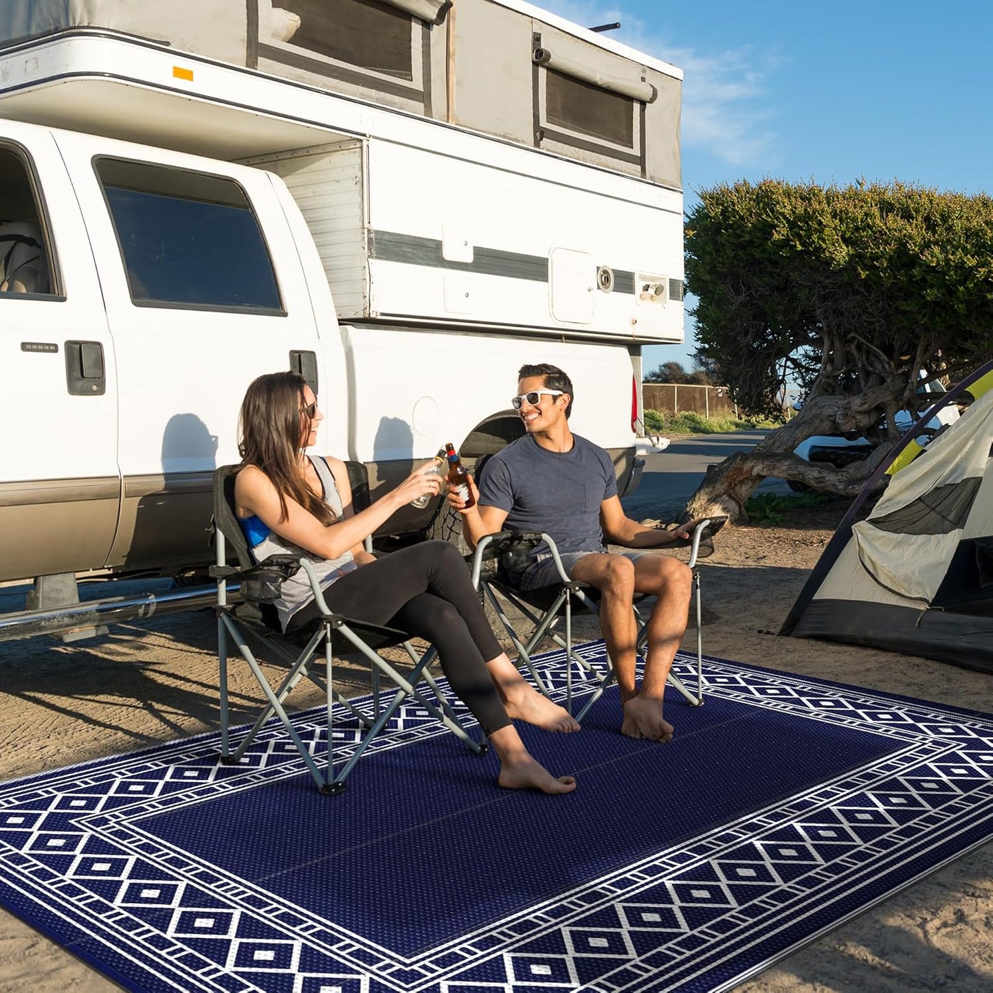 GENIMO Outdoor Rug Waterproof for Patio Decor, 5'x8' Reversible Plastic Straw Rug Carpet, Camping Mats for Outdoor, RV, Backyard, Deck, Balcony, Picnic, Blue & White