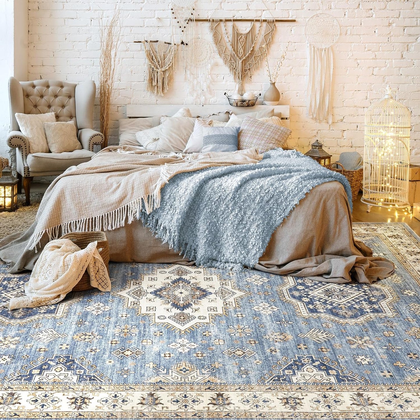 Washable Area Rugs for Living Room - 7x9 Neutral Vintage Distressed Floral Farmhouse Boho Large Soft Floor Rug Indoor Non Slip Carpet for Living Room Bedroom Dining Room Office - Blue