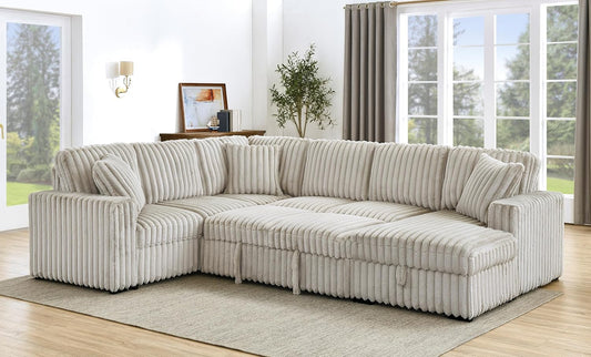 THSUPER 122-Inch Oversized U Shaped Plush Corduroy Fluffy Sectional Sleeper Sofa with Pull Out Bed, Storage Chaise Lounge and USB Charging Port - Beige
