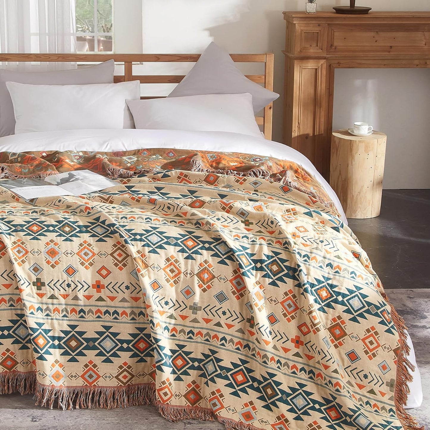 Boho Throw Blanket for Couch Sofa Bed, 100% Cotton Woven Quilt with Tassel 90”x98”, Super Soft Muslin Blanket with Patchwork Printed, Decorative Reversible Bed Blanket/Cover for All Seasons