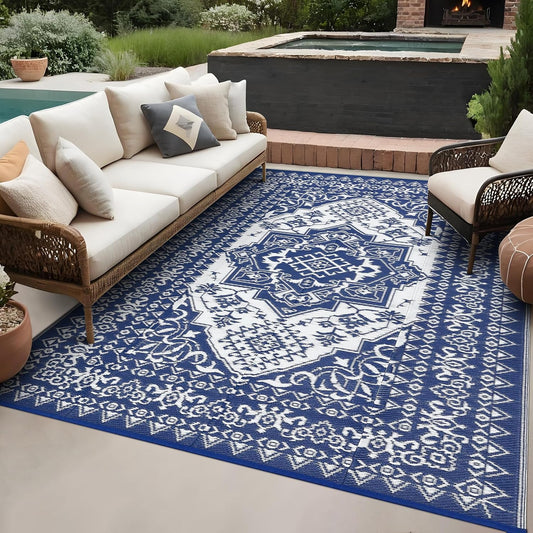 GAOMON Outdoor Rugs for Patio 9x12 Waterproof Reversible Plastic Straw Rug, Large UV-Resistant Portable RV Camping Mats, Indoor Outdoor Medallion Carpet for Deck Porch Garden, Dark Blue & White