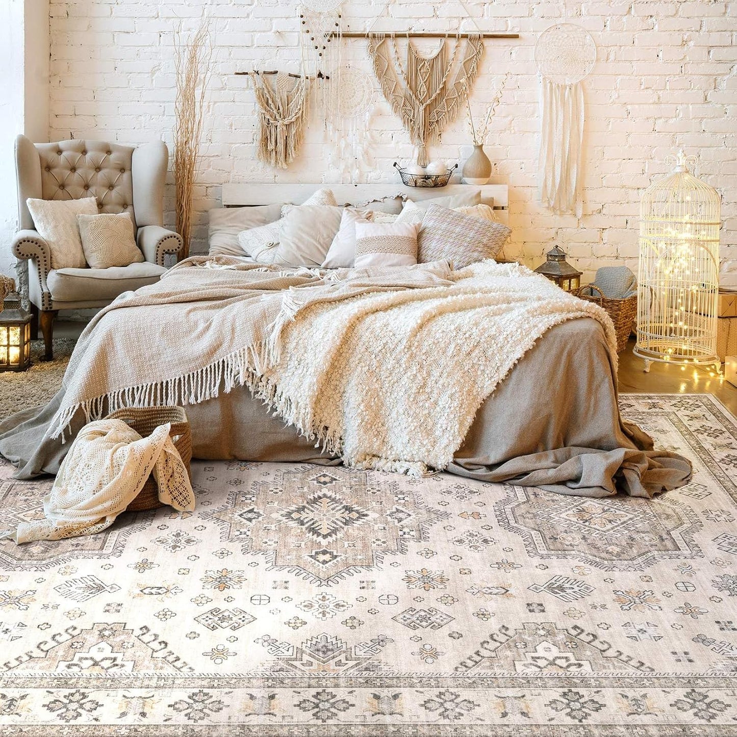 Washable Area Rugs for Living Room -8x10 Neutral Vintage Distressed Floral Farmhouse Boho Large Soft Floor Rug Indoor Non Slip Carpet for Living Room Bedroom Dining Room Office -Beige Brown