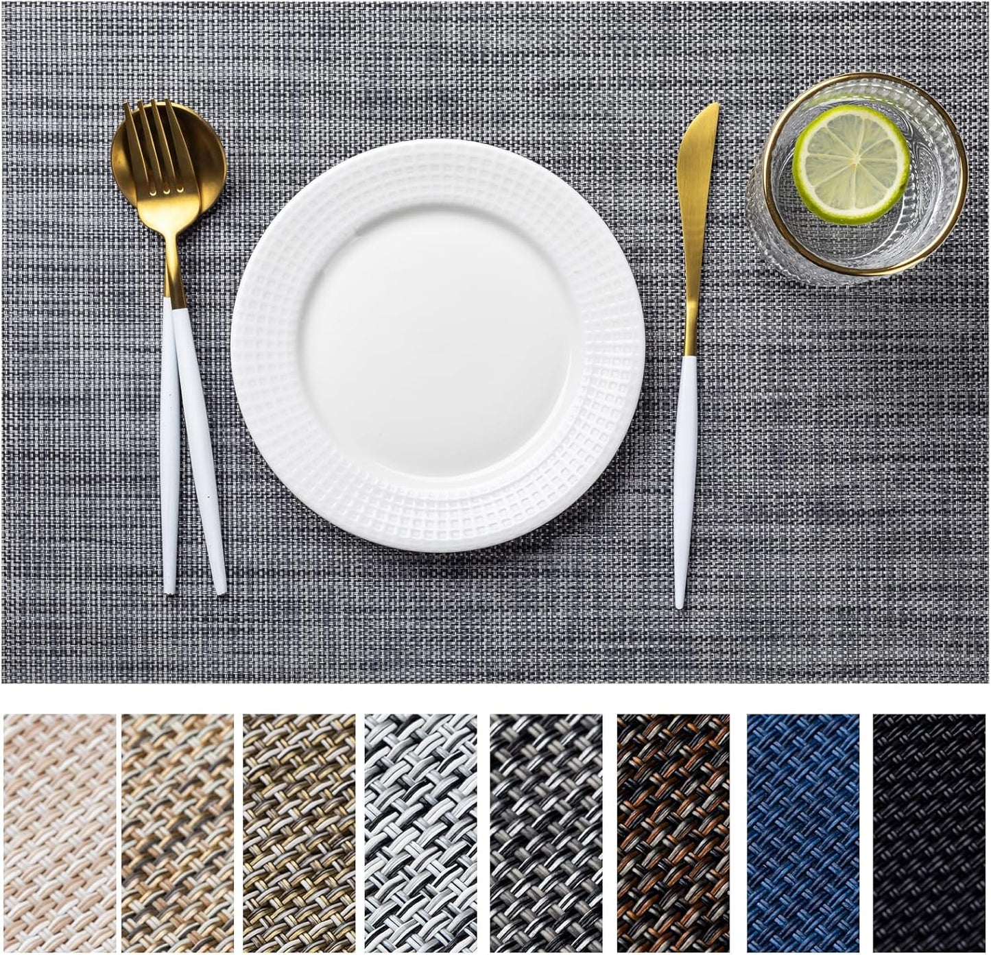 LEXMORE PlaceMats Set of 12 Vinyl/Plastic Woven Place Mats for Kitchen Table Indoor/Outdoor Washable PlaceMat Wipeable Dining Table Mats(Dark Gray)