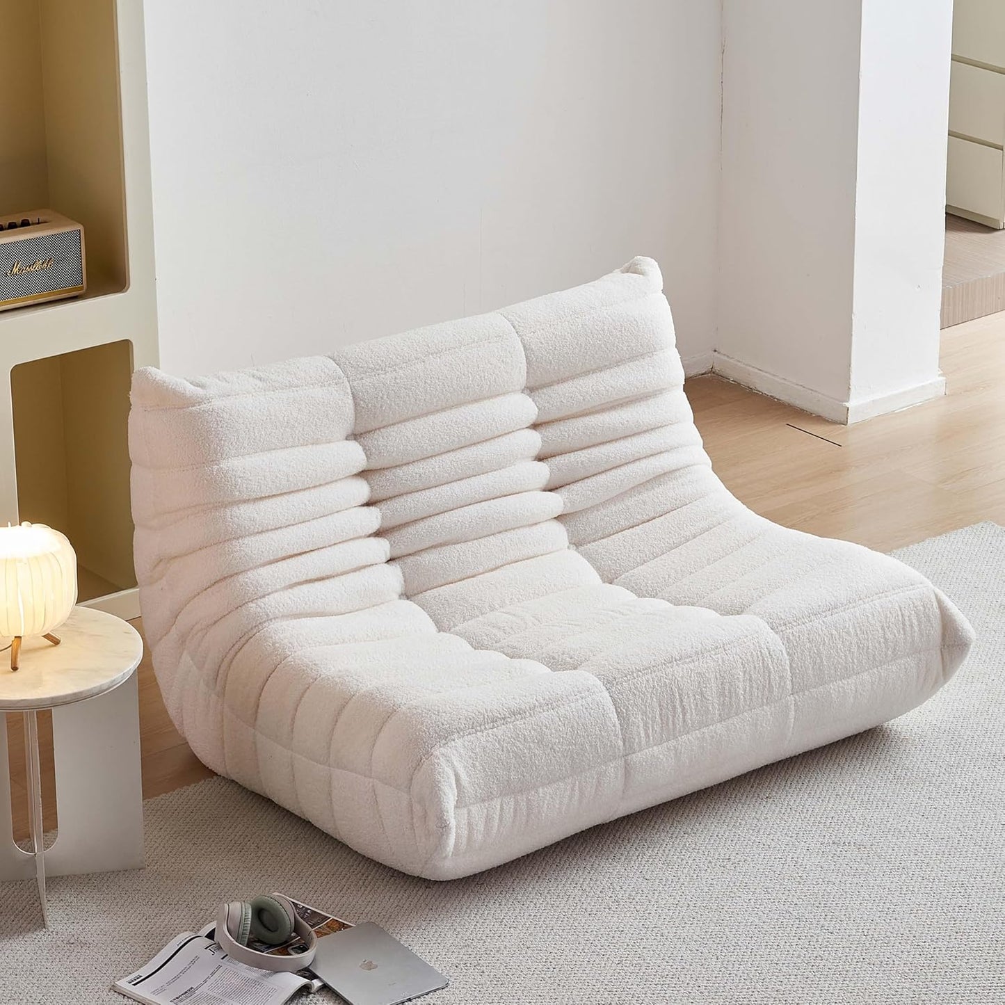 Bean Bag Chair for Adults, Oversized Loveseat Fireside Chair Comfy Lazy Floor Sofa, 2 Seater Lazy Sofa Couch Memory Foam Bean Bag for Living Room, Bedroom Apartment Office (Beige)