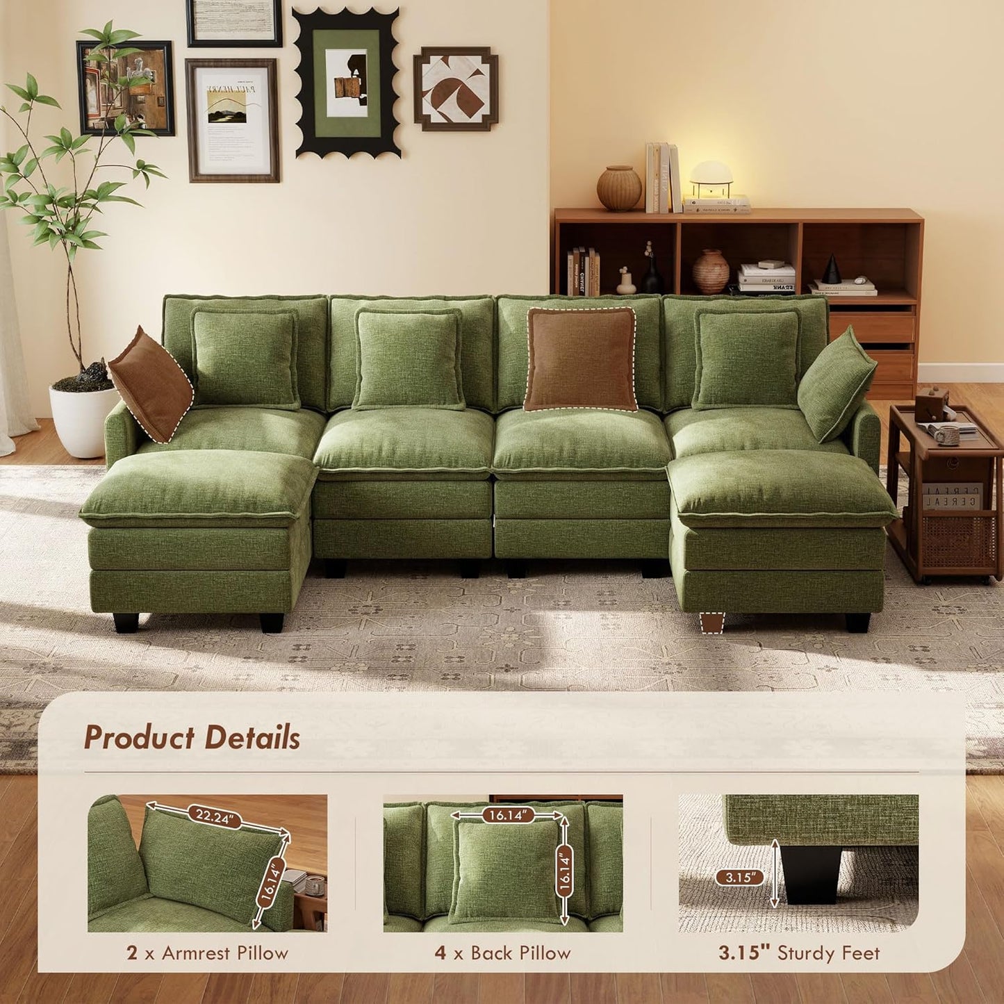 Ihanherry 106" L Shaped Modular Sectional Cloud Sofa, Modern 6 Seat Chenille Couch with Ottoman for Living Room, Bedroom and Apartment, Green