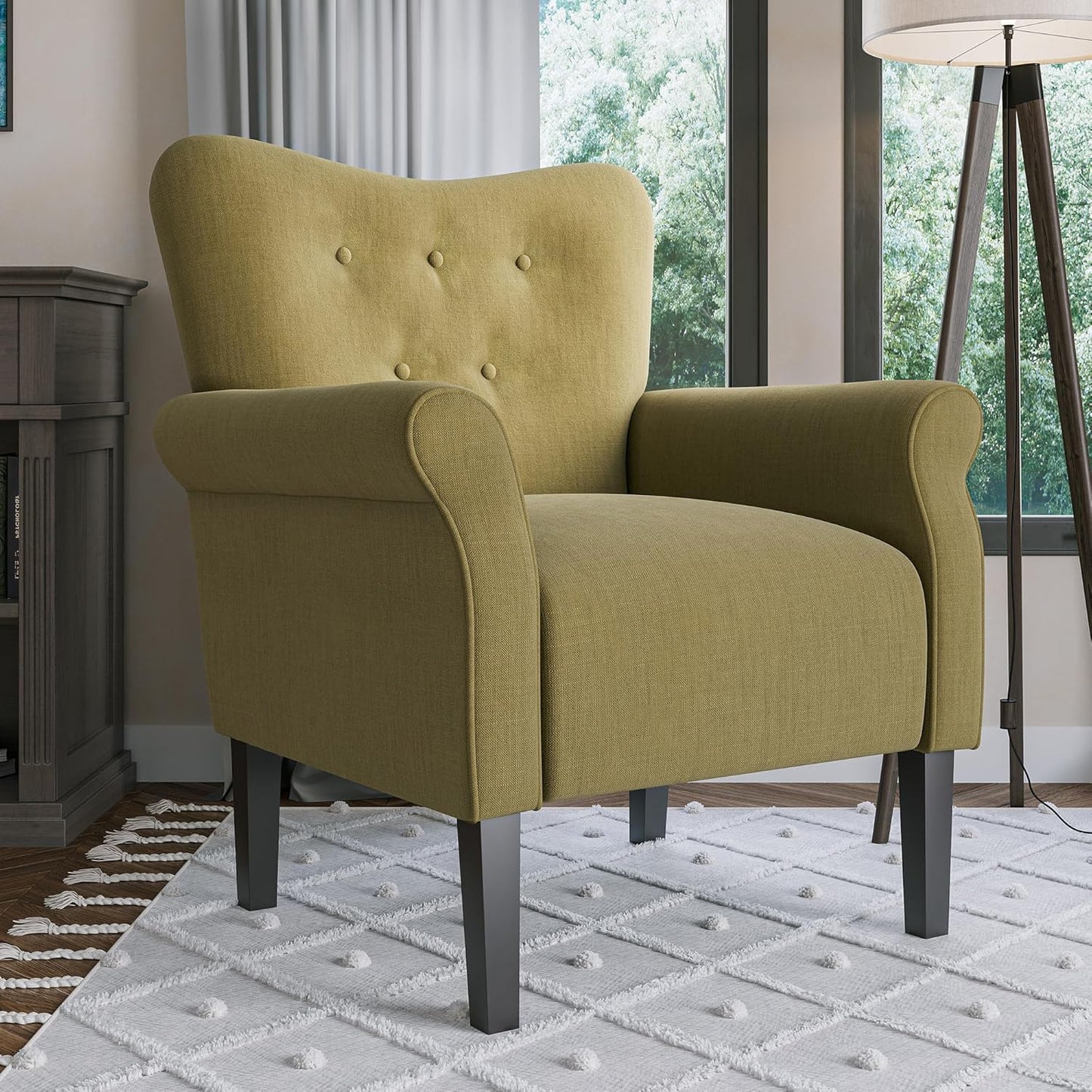 BELLEZE Modern Accent Chair, High Back Armchair, Upholstered Wingback Side Chair, Padded Single Sofa with Wooden Legs for Living Room, Bedroom - Avocado