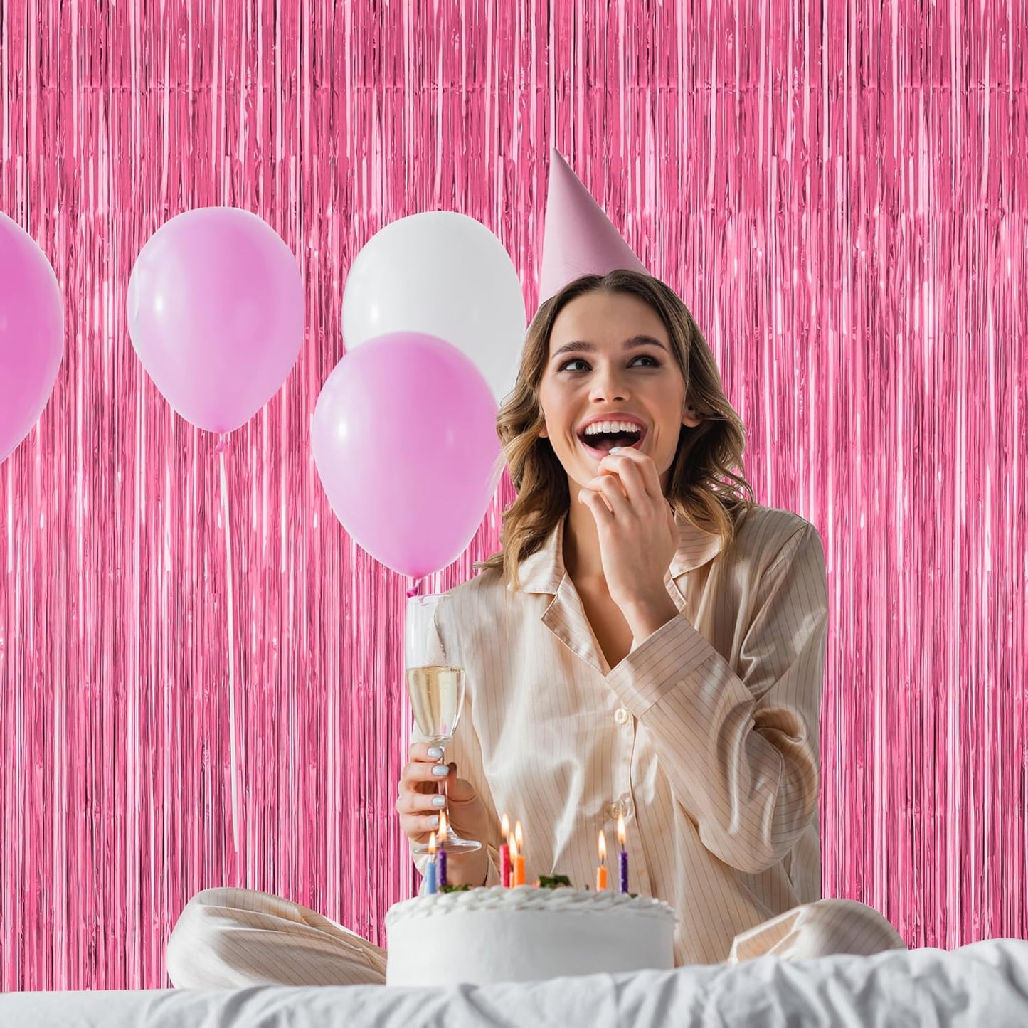 12 Pack Pink Backdrop, 3.28 FT x 7.05 FT Foil Fringe Curtains, Metallic Pink Tinsel Curtain Party Streamer Birthday Backdrop for Girl, Brithday Decorations Bachelorette Party Supplies