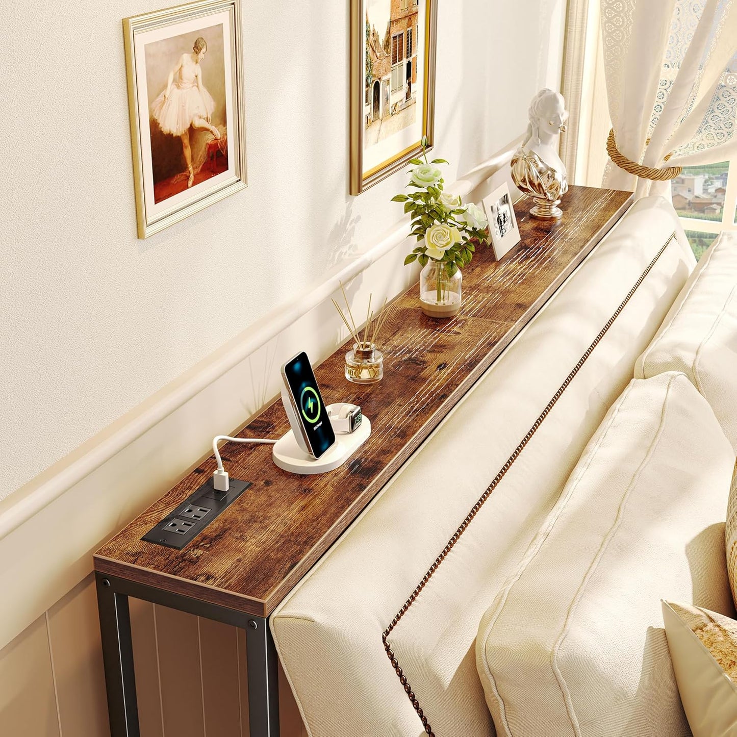 SUPERJARE Console Table with Outlet, 63 Inch Sofa Table with Charging Station, Narrow Entryway Table, Behind Couch Table, for Living Room, Plants - Rustic Brown