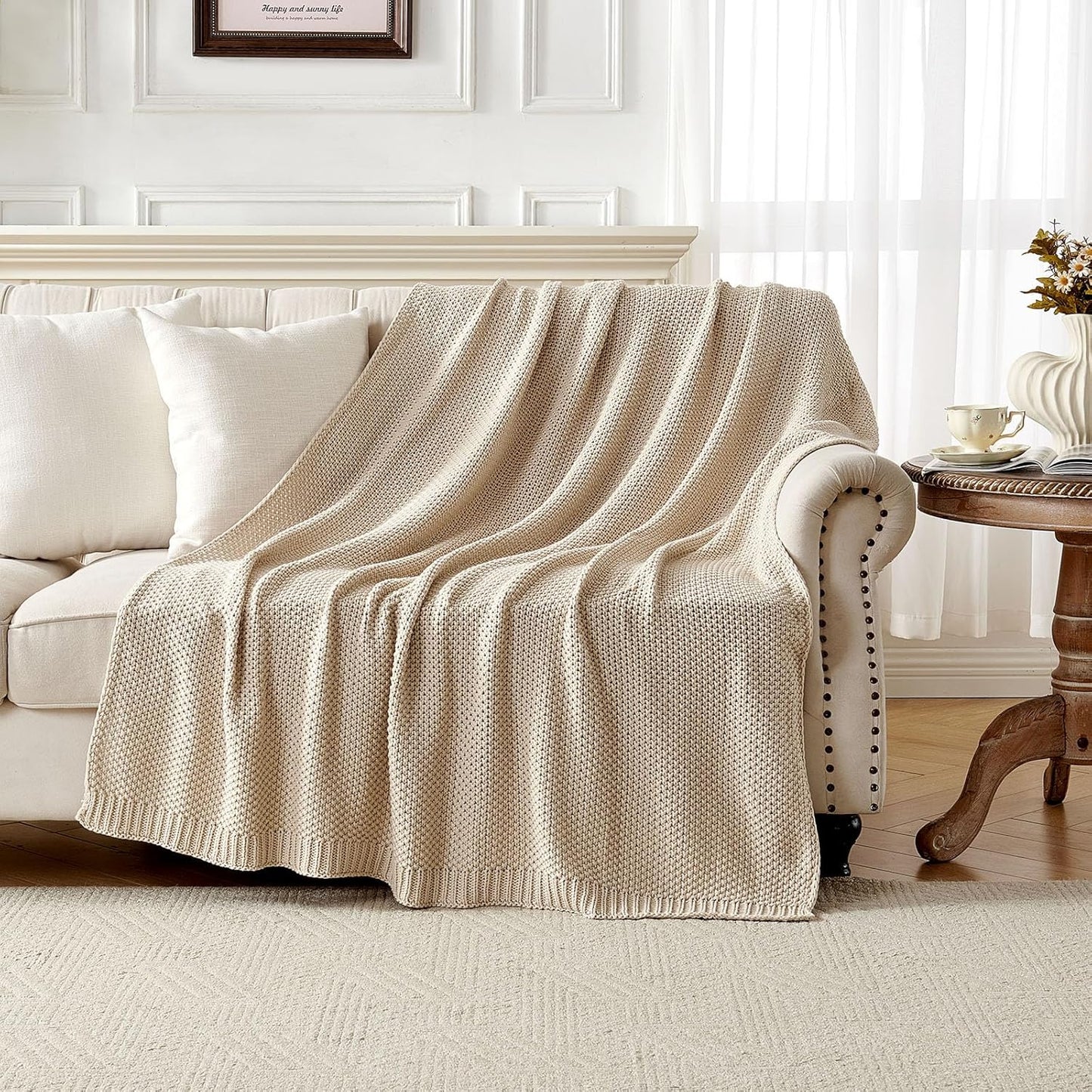Joydeco Chunky Cable Knit Throw Blanket, Lightweight 100% Organic Cotton Soft Cozy Throw Twin Blanket for Couch Bed and Sofa, Rustic Breathable Farmhouse Blanket Gift for Women Men(Beige, 60"x80")