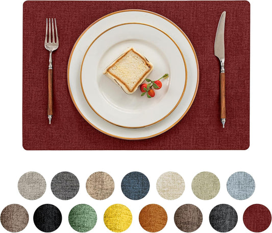 Romanstile Vinyl Placemats Set of 4-12 X 18 Inch - Heat Resistant Place Mats 100% Waterproof Oilproof Wipeable Reversible Faux Leather Table Mats for Kitchen/Dining/Party/Outdoor, Red