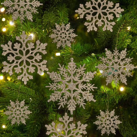 36pcs Christmas Champagne Gold Snowflake Ornaments Plastic Glitter Snow Flakes Ornaments for Winter Christmas Tree Decorations Size Varies Craft Snowflakes