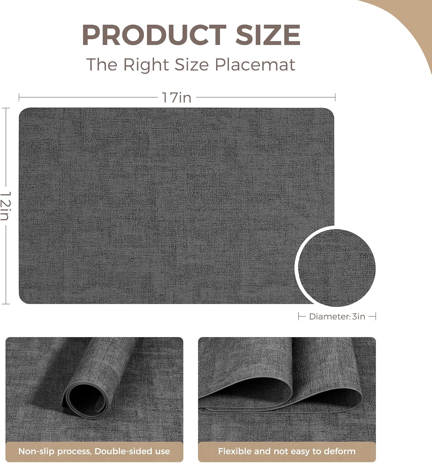 Vinyl Placemats Set of 4, Faux Leather Waterproof and Heat Resistant Place Mats, Washable Anti-Slip Table Mats with Coaster, Wipeable Placemats for Indoor & Outdoor 17" x 12" (Black, Set of 4)