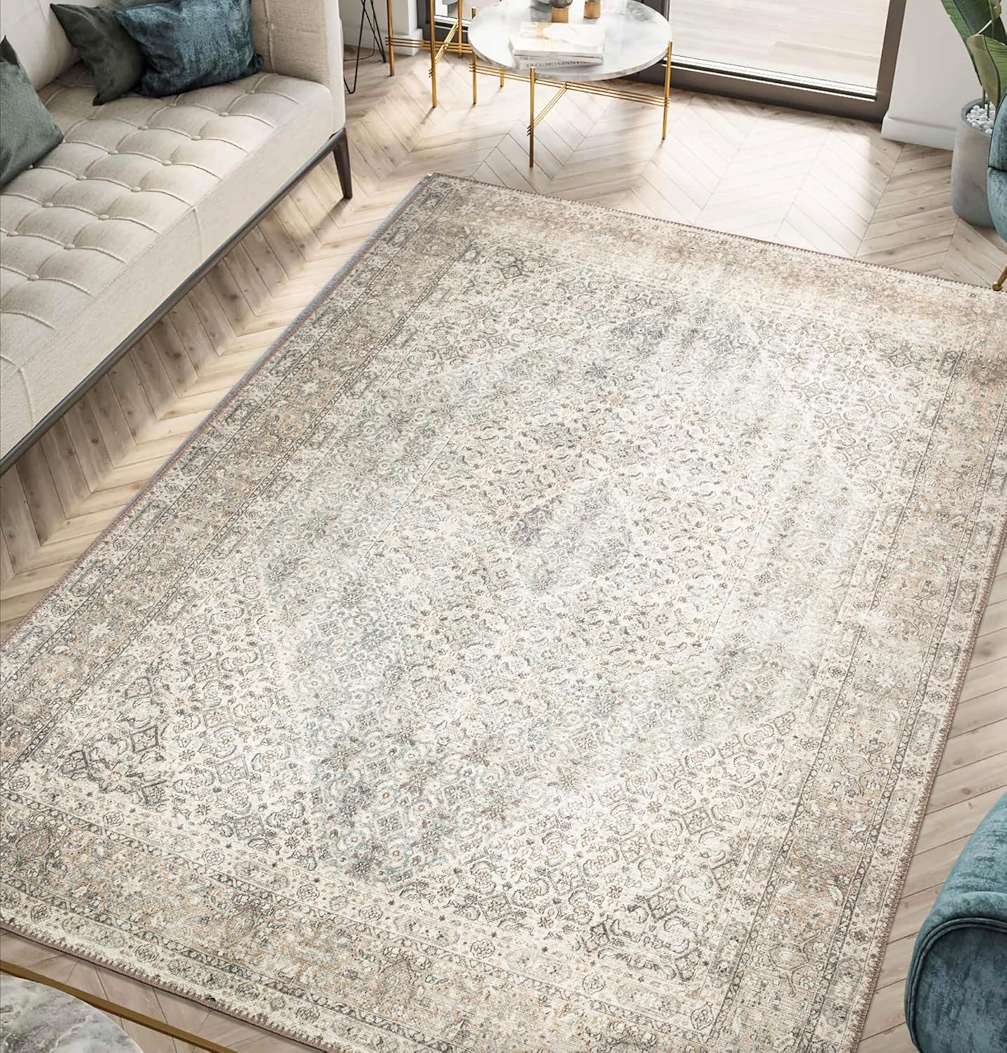 Keen Home Design 6x9 Rug - Machine Washable Area Rug with Non-Slip Backing, Ideal for Living Room, Dining Room, Bedroom - Vintage, Easy Clean, Durable, Low Pile Rug - (6' x 9')