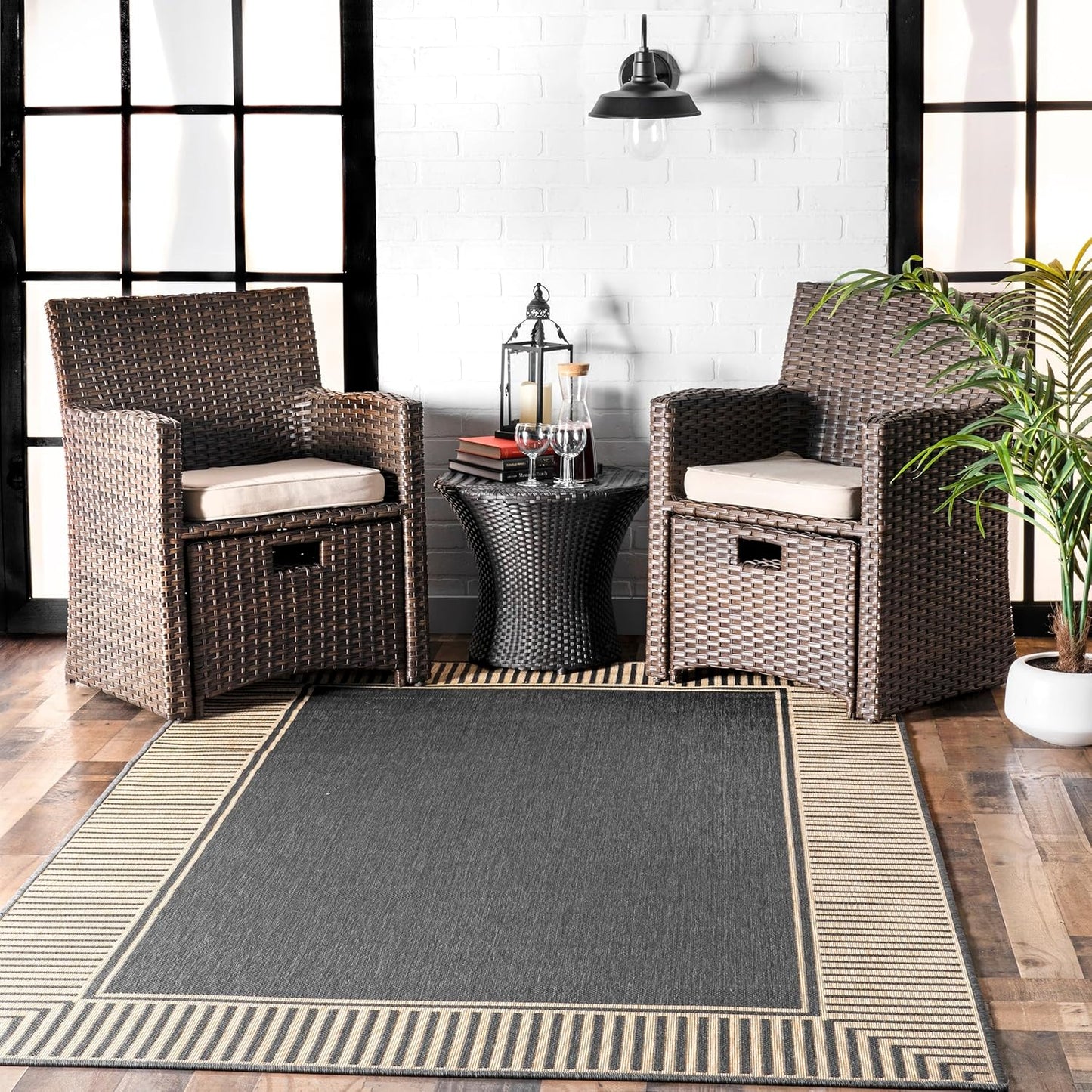 nuLOOM 6' 7" x 9' Outdoor Area Rug, Casual Design With Striped Border, Stain Resistant, Highly Durable, For Patio, Balcony, Bedroom, Living Room, Dining Room, Bathroom, Dark Grey