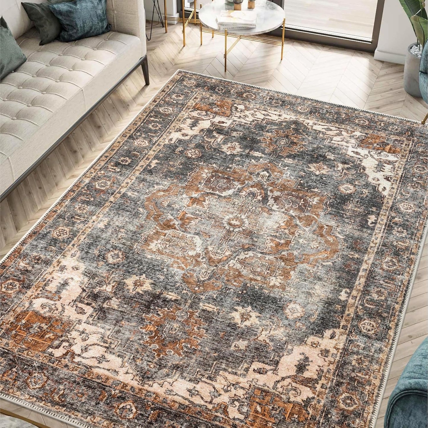 Keen Home Design 8x10 Rug - Machine Washable Area Rug with Non-Slip Backing, Ideal for Living Room, Dining Room, Bedroom - Vintage, Easy Clean, Durable, Low Pile Rug - (8' x 10')
