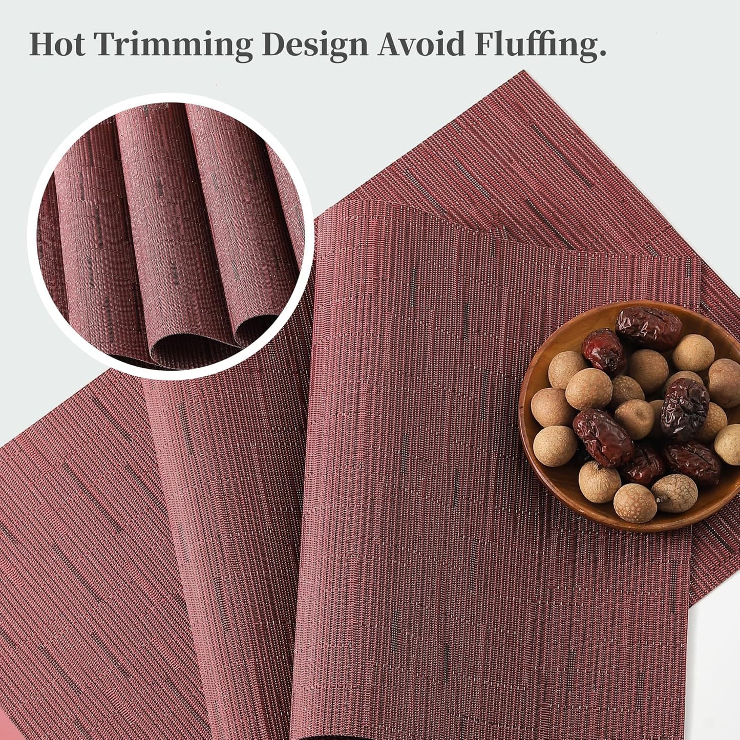 Leetaltree Burgundy Placemats Set of 4 - Heat Resistant Non-Slip Place mats for Dining Table, Washable Durable PVC Vinyl Woven Table Mats（Burgundy, 4）