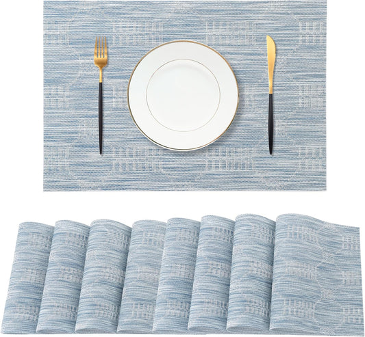 Leetaltree Jacquard Blue Placemats Set of 8 - Heat Resistant Non-Slip Place mats for Dining Table, Washable Durable PVC Vinyl Woven Table Mats(Jacquard Blue, 8)