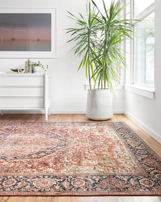 Loloi Layla Collection LAY-08 Red/Navy 5'-0" x 7'-6" .13" Thick Area Rug, Soft, Durable, Vintage Inspired, Distressed, Low Pile, Non-Shedding, Easy Clean, Printed, Living Room Rug