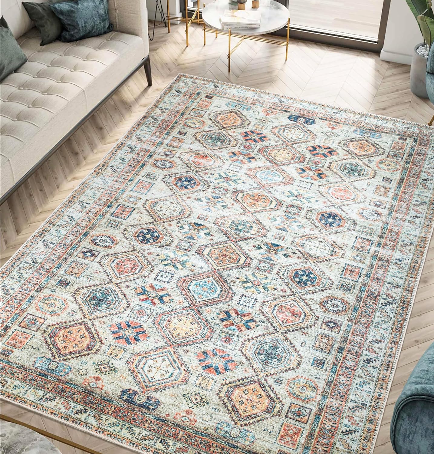 Keen Home Design 6x9 Rug - Machine Washable Area Rug with Non-Slip Backing, Ideal for Living Room, Dining Room, Bedroom - Vintage, Easy Clean, Durable, Low Pile Rug - (6' x 9')