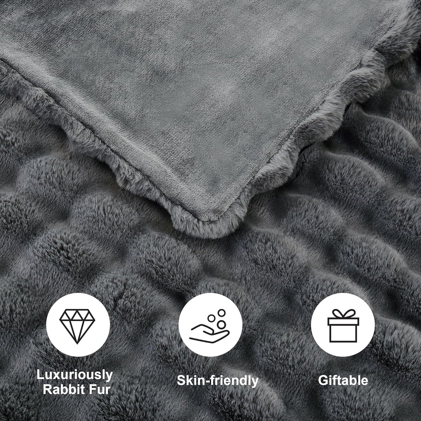 DREAMNINE Soft Fuzzy Bubble Faux Rabbit Fur Throw Blanket for Couch 50" x 60", Double Sided Long Shaggy Thick Warm Fluffy Blankets for Winter, Decorative Luxury Gray Cozy Plush Cute Furry Blanket,Grey